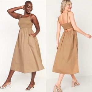Old Navy Tan Smocked Midi Dress Back Cut Out Size XXL
